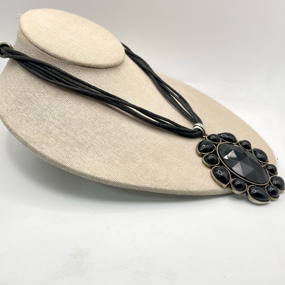 Bold Black Acrylic Pendant on Multi Strand Cords Statement Necklace VGC - Picture 5 of 14